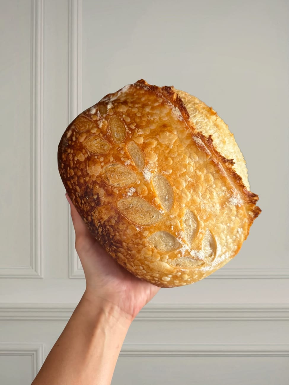 Hogaza de pan de masa madre sostenida en la mano